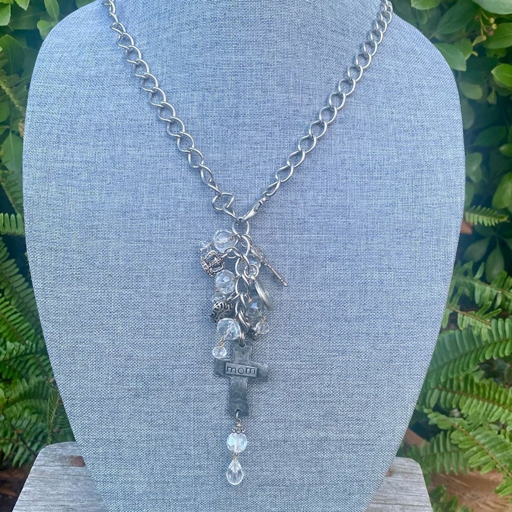 Silver "Mom" Cross Charm Pendant Long Chain Beaded Necklace EUC Religious Faith